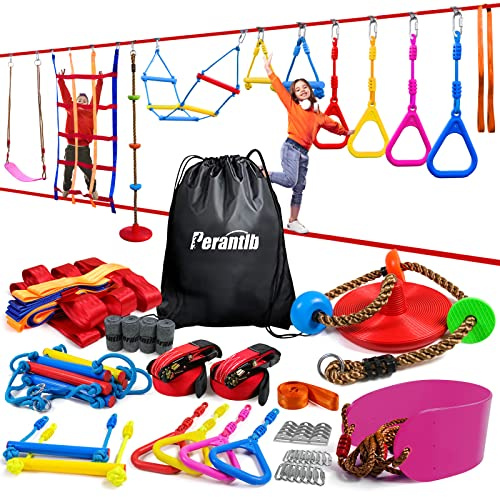 Ninja Warrior Obstacle Course for Kids-Playground Fitness Equipment Ninja Slackline with Multiple Accessories for Kids,Contain Swings,Rope ladders,Rings,Ninja Couse for Kids Outside (2x56ft)