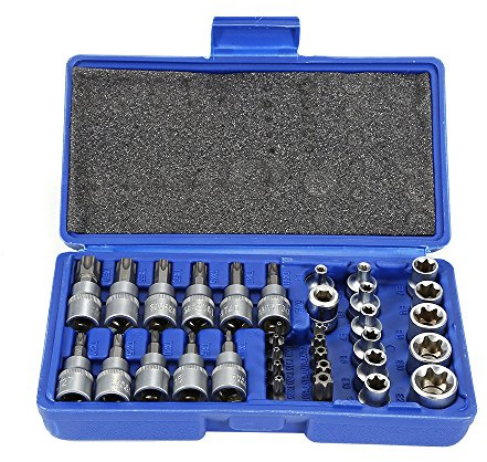 OHMG 34 Pièces Coffret douilles torx femelle 3/8 profil E4-E20, Embout torx étoilé profil T10-T60 en Acier S2, Adaptateur 3/8' à 5/16' CR-V Douille Etoile (34P)