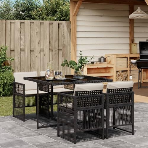 Somanki 5-TLG. Garten-Essgruppe mit Kissen Schwarz Poly Rattan, Esstisch Mit Stühlen Set, Gartenmöbel Sitzgruppe, Balkon Möbel, Gartenlounge Set, Terrassenmöbel, Balkonmöbel Set - 3210894