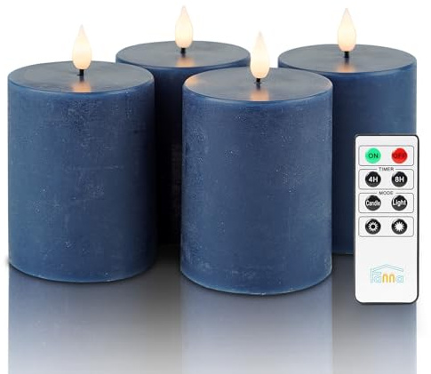 Fanna 4 Dunkelblau LED Flammenlose Echtwachs Kerzen Rustikale Design, Batteriekerzen mit Timer für Weihnachten Dekorationen und Advent, Fernbedienung und Batterien enthalten - H 10cm