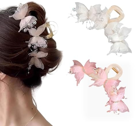 GlamRays 2 Stück Schmetterling Haar Kralle Clips, Cute Haar-Clips Mit Perlen Juwel Design, Großes Süßes Kralle Clip Mode Elegant Haar Clip für Dickes oder Dünnes Haar
