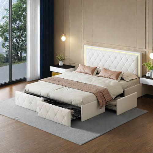 Letto Matrimoniale Imbottito con Luci a LED 160x200 cm, Struttura Letto Matrimoniale con 4 Cassetti, in Pelle PU, Letto con Contenitore, Supporto a Doghe in Legno, Non Necessita di Molle, Bianco
