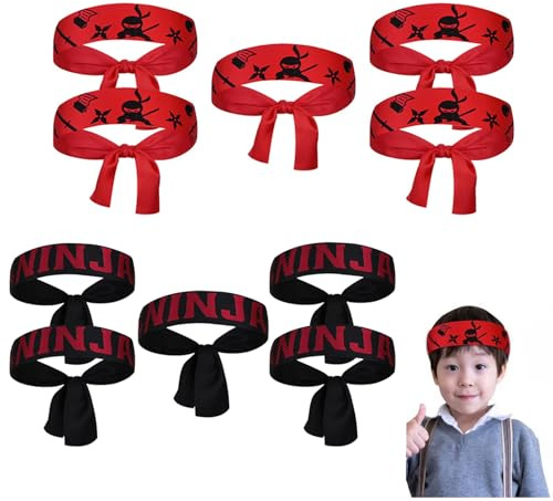 Ninja-Stirnbänder,10er-Pack Rot Schwarze Ninjas Party Stirnband Karate-Party-Geschenke für Kinder Waschbare Bandanas für Ninjago-Geburtstage Karate-Training Kindermasken Schildkröten-Dekorationen