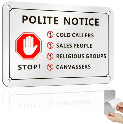 No Cold Caller Sign for Front Door, Self Adhesive No Cold Callers Sticker, 15x10cm Aluminium No Canvassers, No Sales People Sign for Front Door with 4 Pre-drilled Holes