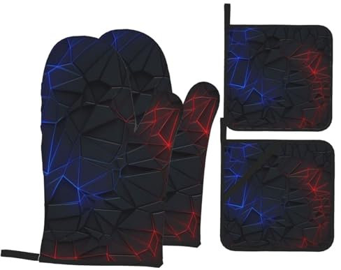 Ensemble de gants de cuisine et maniques 3D Cool Technology Neon Rouge Bleu Résistant à la chaleur Gants de cuisine Surface antidérapante pour la cuisine, la cuisson, le grill, le barbecue