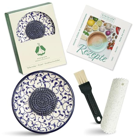 Evergrate® Keramikreibe Celia mit Geschenkbox – mit Reibe, Knoblauchschäler, Rezeptheft & Pinsel – Handgefertigt für Ingwer, Knoblauch & mehr – Spülmaschinenfest & langlebig