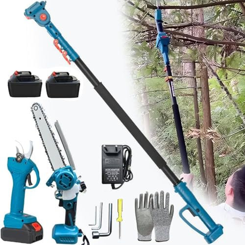 Sega a palo senza fili 4 in 1 e forbici da potatura elettriche migliorate, con asta di prolunga da 125-220 cm, seghe a palo per potatura alberi con 2 batterie da 13000 mAh