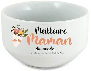 Bol en céramique 650ml personnalisé - Design bouquet de fleurs + 'Meilleure maman du monde' et elle appartient à [prénom des enfants] - Cadeau Fête des Mères
