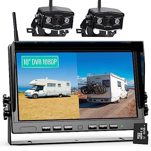 eRapta 10 HD 1080P Wireless Backup Camera System Kit | Digital Back Up Camera Systems with 10 Inch Quad Split DVR Monitor for Truck, RV, Trailer