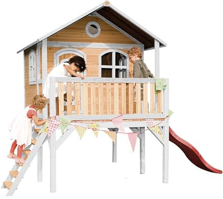 AXI Spielhaus Sophie mit rote Rutsche | Stelzenhaus in Braun & Weiß aus FSC Holz für Kinder | Spielturm mit Wellenrutsche für den Garten