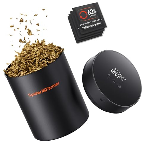 Spider Farmer Auto-Cure Smart Jar, 2L Tragbarer Vakuumversiegelungsbehälter | mit 4 x 62% Luftfeuchtigkeitspackungen, Aushärtungsglas Luftdichte Aufbewahrung Built In Hygrometer für Kräuter, Kaffee