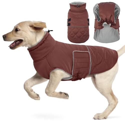 Hjumarayan hundrock varm stora hundar, vinterkappa hund med sele öppning, vinterrock fodrad för Golden Retriever, labrador, schäferhund (rödbrun 3XL)