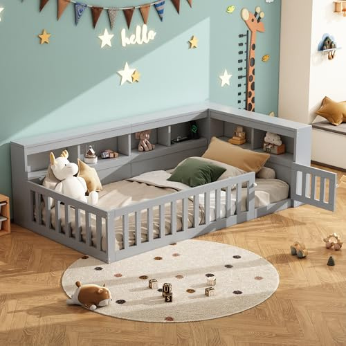 Kinderbett Bodenbett 90x200, Schlafsofa Tagesbett mit Staufach&USB-Anschlüssen, Montessori Bett Gitterbett Einzelbett Holzbett Bettgestell Jugendbett mit Rausfallschutz&Lattenrost, Ohne Matratze, Grau
