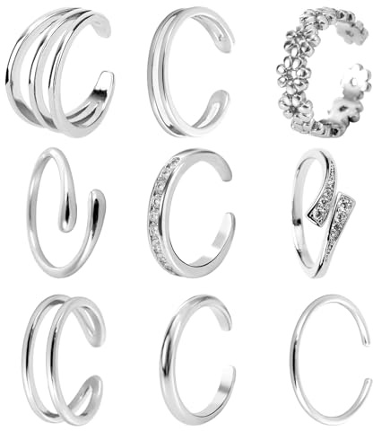 9st Tåringar för Kvinnor, 9 Stilar Ingen Blekning Justerbara CZ Blomma Kram Band Öppna Tåringar Set med Fina Fotsmycken Accessoarer för Kvinnor Sommar- och Strandfest (Silver)