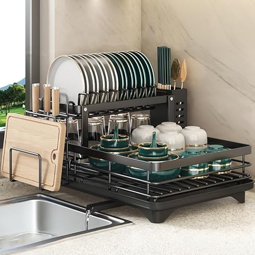 YEHUARIS Küche Ablauf Rack,Edelstahl Geschirrtrockner mit Besteckkorb - Platzsparender Spülbecken Abtropfständer für die Küche 30×26×24 cm 2-stufiger (schwarz)