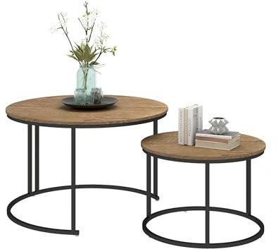 Amveya Couchtisch Rund Holz 2er Set, Beistelltische fürs Wohnzimmer, Coffee Table Living Room, Holz-Effekt Wohnzimmertisch Modern mit schwarzem Rahmen