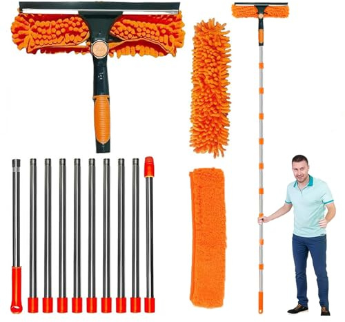4.5m Window Cleaning Kit, Extendable Window Cleaner Pole, Window Cleaning Equipment with Squeegee and Microfiber Cloth for High Windows, Walls & Cars