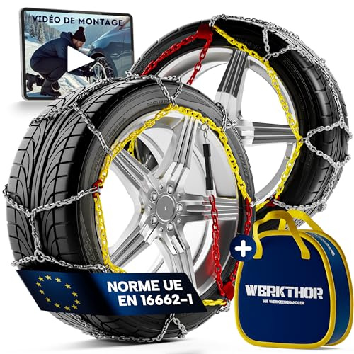 WERKTHOR 2x Schneeketten - Zugelassene Schneeketten für PKW - Einfache Montage & Optimaler Grip - Schneekette aus Metall - Für verschiedenen Reifengrößen (WT 130)