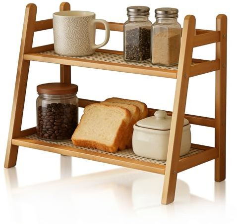 Euablfo Organizer da Cucina a 2 Ripiani, in Bambù, Imitazione Rattan, Contenitore per Tazza di Caffè, Portaspezie, Armadio, Cucina, Organizer per Tè, Porta Tazze,Soggiorno, Ufficio