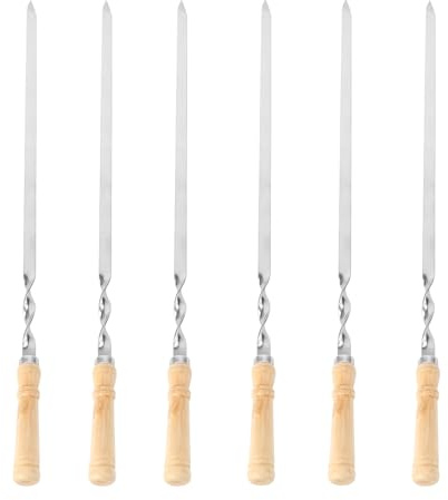 NOLITOY 6 pièces Brochettes en Acier avec Manche Bois Piques Plates pour Barbecue Extérieur Solides et Résistantes Chaleur pour Griller Viandes et Légumes Camping et Pique-