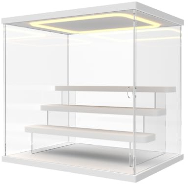 Nynelly Vitrine pour Collection avec Éclairage LED, 4 Niveaux Vitrine Acrylique Rangement avec Porte et Marches, Anti-Poussière Transparente Plexiglas Boite Presentoir pour Funko Pop, Figurine, Blanc