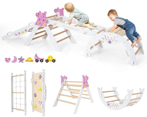 DREAMADE 9-in-1 Montessori Kletterdreieck Set mit Rutsche, Kletterbogen aus Holz mit Netz für Kleinkinder ab 1 Jahre, Kletterspielzeug, Indoor Klettergerüst für Kinderzimmer (Weiß,Einhorn-4er Set)