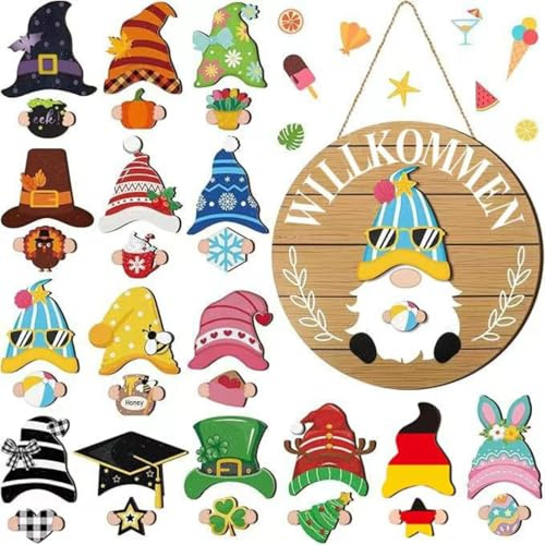 Wichtel Willkommensschild, 30cm Willkommen Schild Holz mit 30 Stück Austauschbare Hüte & Magnetstücken, DIY Willkommen Türschild Hängend für Osterdeko, Weihnachtsdeko, Herbstdeko, Halloween Deko (A)