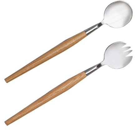 TOYANDONA Salad Flatware Set Wooden Handle 2pcs with Stainless Steel Fork and Spoon Easy to Wash, No Rough Edges Design Tableware for Picnics and Parties