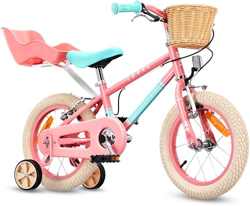 Sun Baby Barncykel 14 Tum LOVEL, Cykel för barn - Flicka 3-5 År, Max 50 kg - dockvagn, stödhjul, korg, ringklocka, kedjeskydd - Rosa-Mintgrön