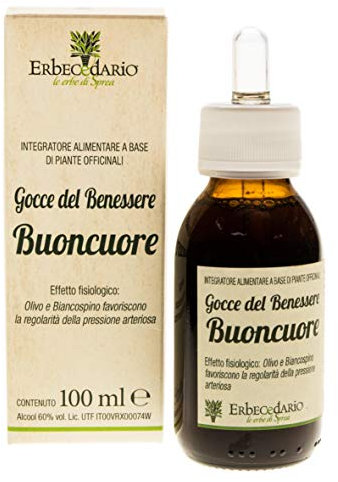 Gocce Del Benessere Buoncuore Erbecedario, Integratore per Regolarità della Pressione Arteriosa e Benessere Cardio-vascolare, Tintura Madre Di Biancospino, Cardiaca, Olivo E Fumaria - 100ml