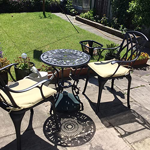 Lazy Susan London Rose Bistrotisch | Rund | 2-Sitzer | wartungsfrei | wetterfest | Sandguss-Aluminium | Antik Bronze | April-Stühle | Beige Kissen