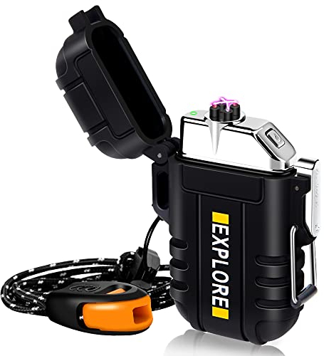 Electric Lighter Rechargeable USB, Electronic Plasma Arc Lighter Windproof and Waterproof for Hiking, Camping, Outdoor, Survival, Tactical, EDC Gear, Gifts for Him Men (Black)