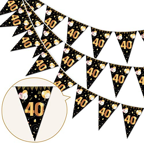 HOWAF 40. Geburtstag Banner Girlande 40 Wimpel Girlande Bunting zum Aufhängen Wimpelkette für Frau Mann 40. Geburtstag Party Dekoration Geburtstags Deko Schwarz Gold