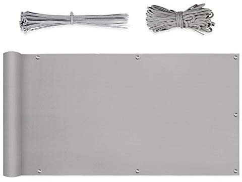 Sekey Balkon Sichtschutz Balkonabdeckung Balkonverkleidung blickdichte Wind- und UV-Schutz, 100% Privatsphäre, mit Ösen, Nylon Kabelbinder und Kordel, Hellgrau 0.9×3m