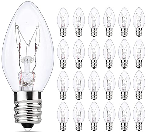 SUNSGNE 25 Pack Clear Replacement Bulbs Night Light Bulbs, C7 Clear Christmas Incandescent Light Bulbs for Night Light Salt Lamp Outdoor Patio String Light, E12/C7 Candelabra Base, 120 Volt, 5 Watt
