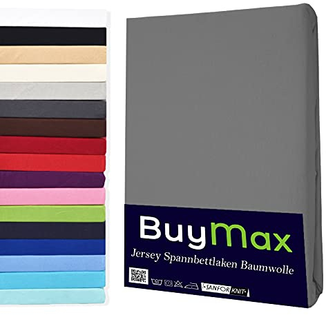 Buymax® Spannbettlaken 90x200cm Baumwolle 100% Spannbetttuch Bettlaken Jersey, Matratzenhöhe bis 25 cm, Farbe Anthrazit-Grau
