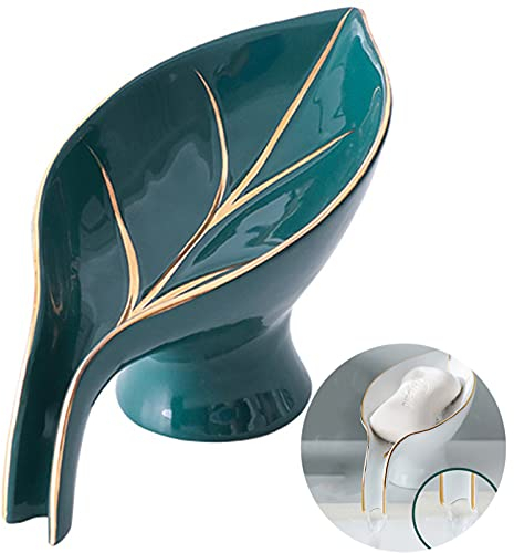 Keramik Seifenschale Blattförmig mit Ablauf, Seifenhalter für Dusche ohne Bohren, Seifenablage mit Abfluss, Grün