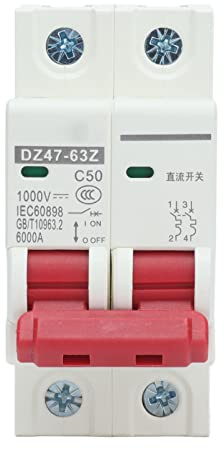 Disyuntor DC,1000V 50A,Interruptor de Circuito Fotovoltaico de 2P,Interruptor Automático Magnetotérmico,para Sistema de Energía Solar ySistema de Comunicación,Montaje en Carril DIN de 35mm