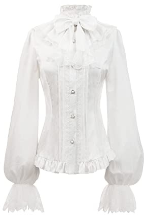 Fiamll Camicetta da donna medievale in seta con pizzo per feste, gotico, colletto alto, bianco, L