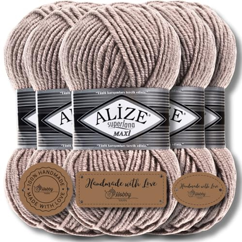 Alize 5 x 100g Superlana Maxi Türkische Premium Wolle Baumwolle und Acryl Uni Handstrickgarne, Yarn, Garn, Strickgarn, Einfarbig, Baby, zum Häkeln Stricken Kleidung Schals (Mink - 541)