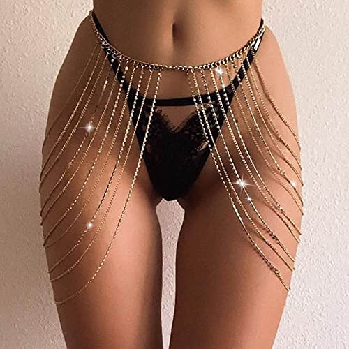 Carufin Chaîne de Taille en Cristal Doré Multicouche Gland Chaînes de Corps Chaîne de Bikini Sexy Bijoux Discothèque Corps Accessoire Réglable pour Femmes et Filles