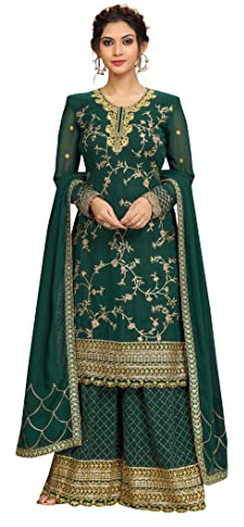 TRENDMALLS Damen Georgette-Stickerei Kurta Sharara Anzug-Set genäht, Dunkelgrün, 42