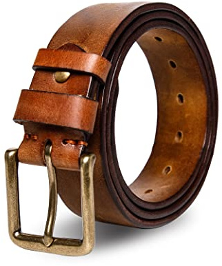 wolksprong Thicken Full Grain Leather Mens Belt Heavy Duty Work Belt High Hardness Buckle Packed In Gift Box (Brown, 44(Fit Pants Size 42))
