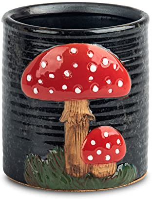 dgudgu Mushroom Kitchen Utensil Holder For Countertop - Large Ceramic Utensil Organizer | Reactive glaze ceramic utensil holder with 3D red mushroom relief, cork base, and ribbed anti-slip grip.
