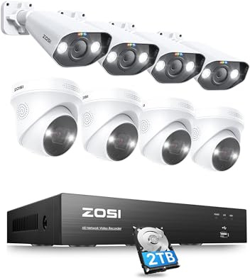 ZOSI 5MP Überwachungskamera Set Aussen, PoE Überwachungssystem mit 8CH 4K 2TB HDD NVR und 8X PoE IP Outdoor Kamera, 2-Wege-Audio, Spotlight, Farb Nachtsicht, Personen- und Fahrzeugerkennung
