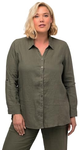 Ulla Popken Blouse en Lin Chemisier, Vert Loden, 52-54 Femme