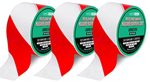 BufulCode Barrier Tape Adhesive (Red & White) – Pack of 3 Rolls | 50mm x 105m (345ft) Total Length | Strong Adhesion to Any Surface | High-Visibility Safety Tape | Waterproof