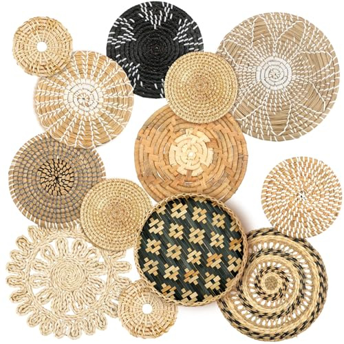 Glenmal Boho-Wandkorb, Dekoration, gewebtes Rattan, flache Körbe, handgefertigt, Boho-Weide, Bambus, Seegras, Wandbehang, Dekoration für Schlafzimmer, Wohnzimmer, Esszimmer, Büro, fertig zum