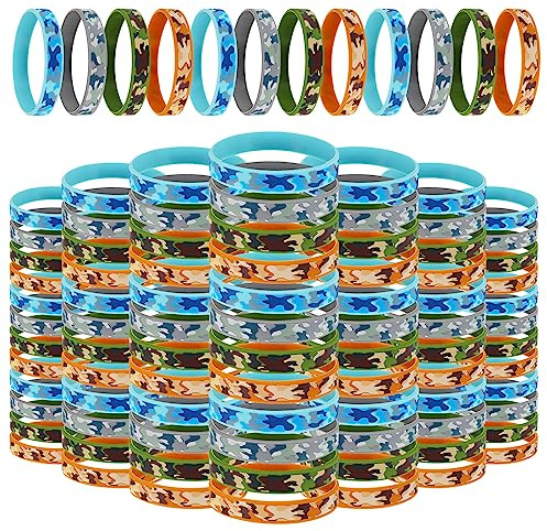 Inbagi 100 pulseras de goma de camuflaje del ejército, 4 estilos, pulseras surtidas, pulseras de goma elástica militar para hombres, niños, mujeres, regalos de fiesta del ejército, suministros de