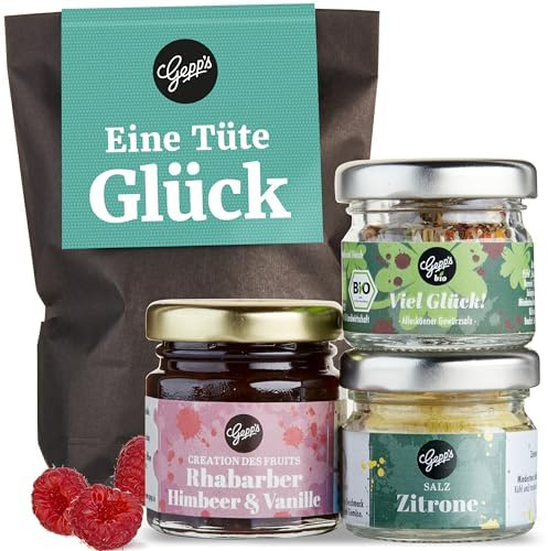 Gepp's Feinkost Wundertüte eine Tüte Glück I Geschenkset | Mit Mini-Salz, Gewürzmischung & Konfitüre Rhabarber-Himbeer I Viel Erfolg Geschenkidee & Glückbringer